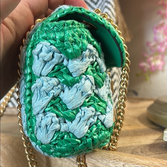 Kate Spade Green and Blue Mini straw Bag with Chevron Pattern - Picture 6 of 13